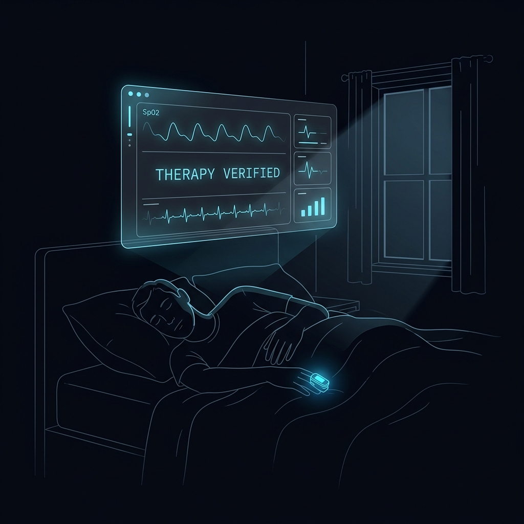 SleepVigil monitoring a sleeping patient at night, holographic dashboard showing SpO2 waveforms and therapy verified status